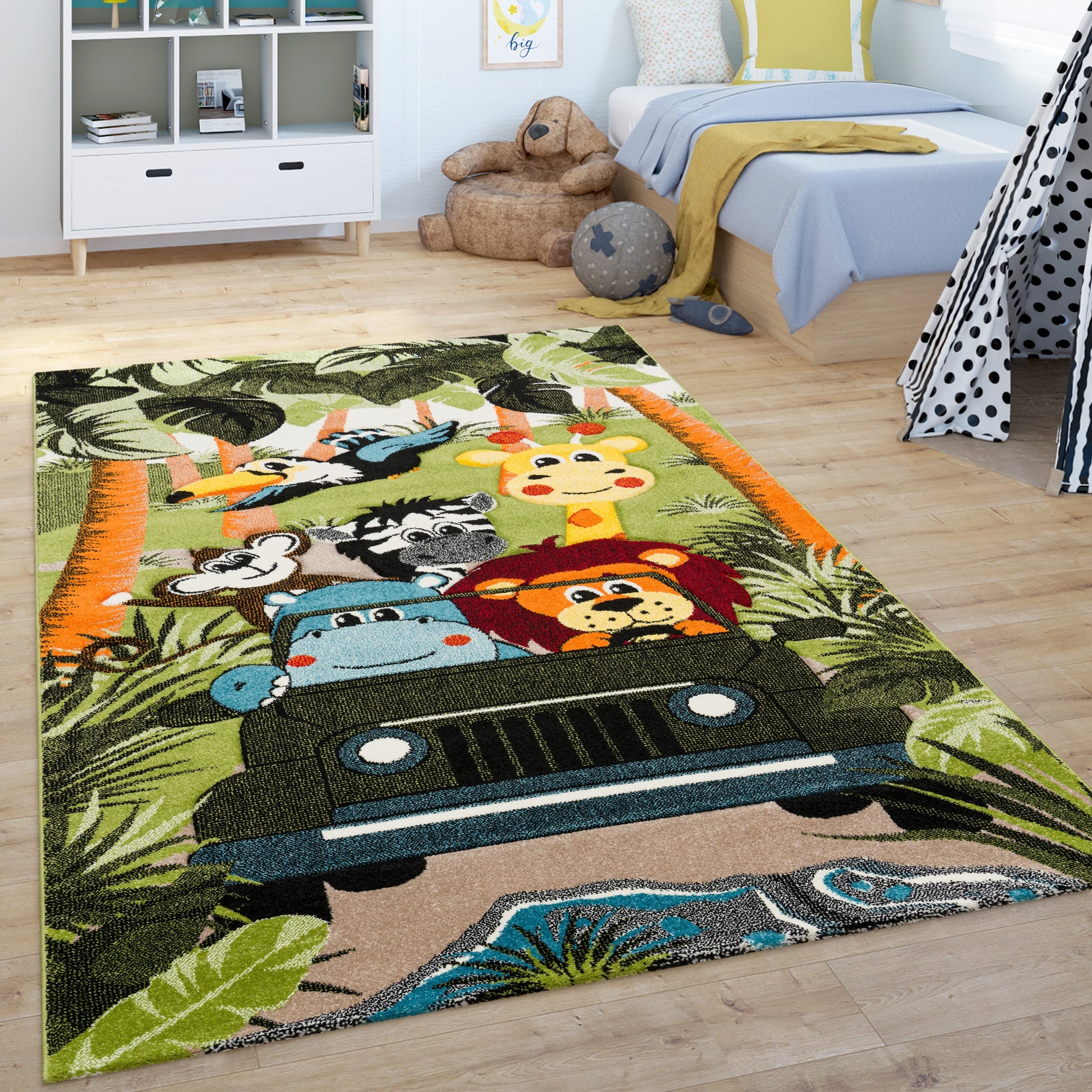 Children's room with a colorful rug featuring cartoon animals and a car on a wooden floor.