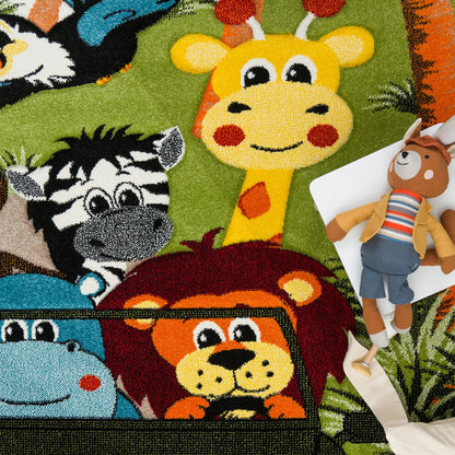 Children's rug with colorful animal illustrations including a giraffe, zebra, lion, and hippo.