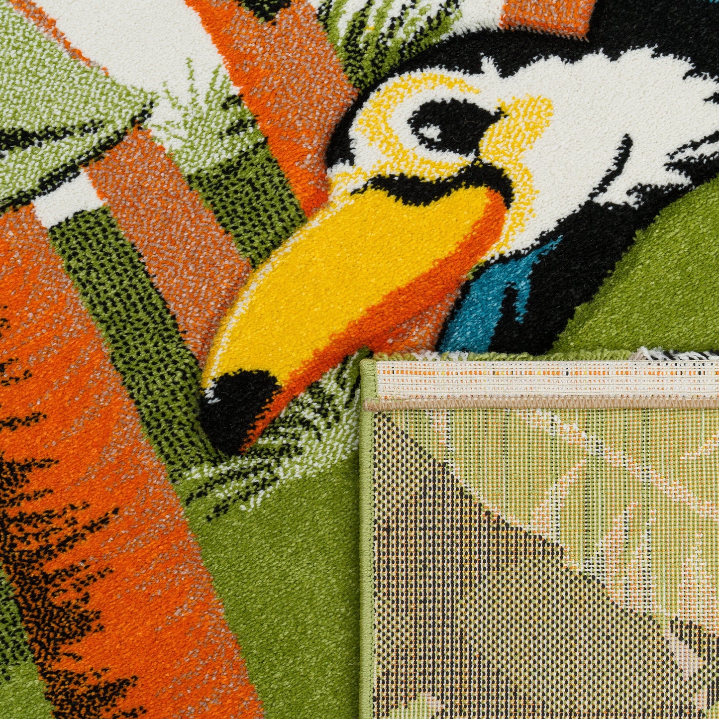 Close-up of a colorful toucan design on a textured surface