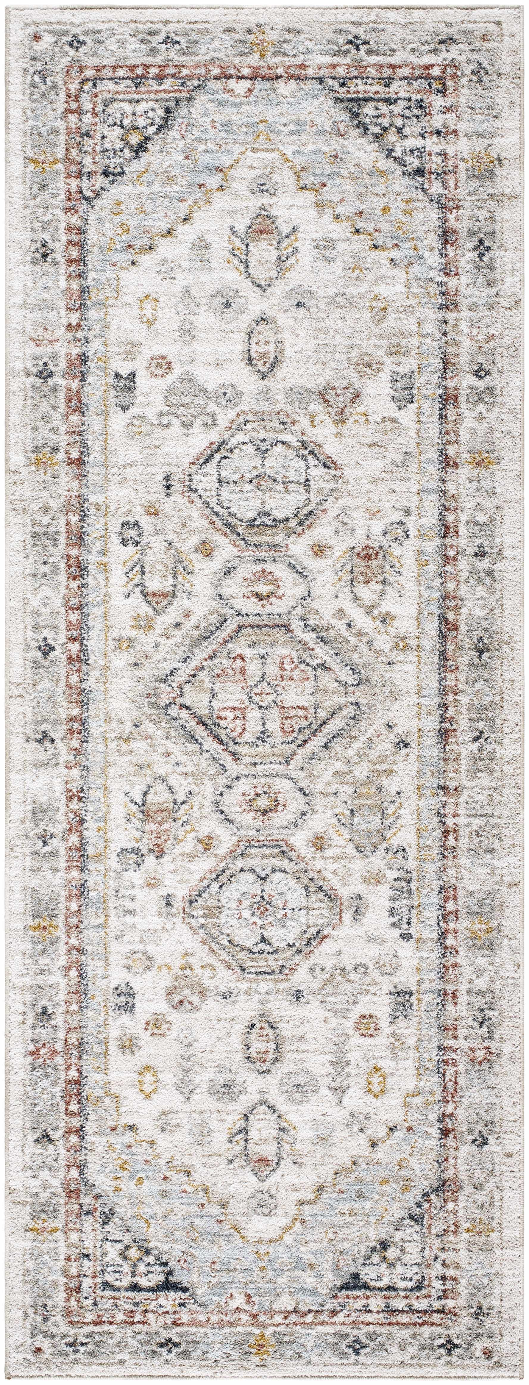 Decorative runner rug with intricate patterns on a light background