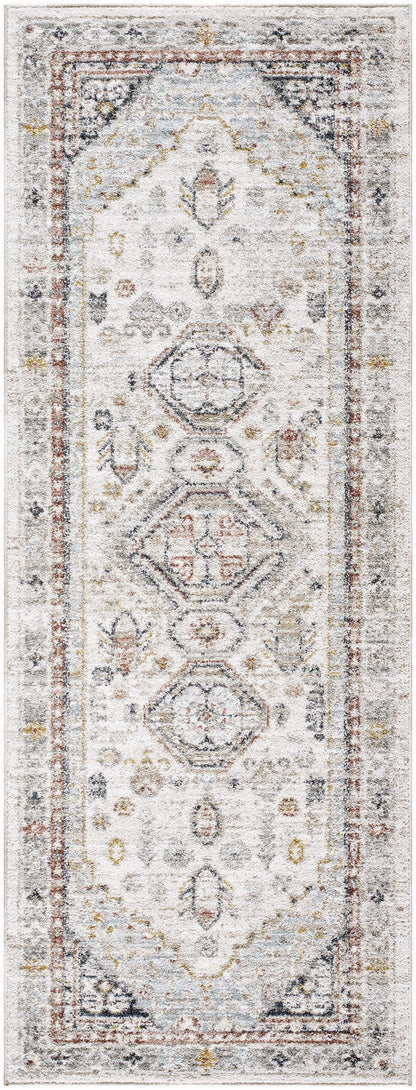 Decorative runner rug with intricate patterns on a light background