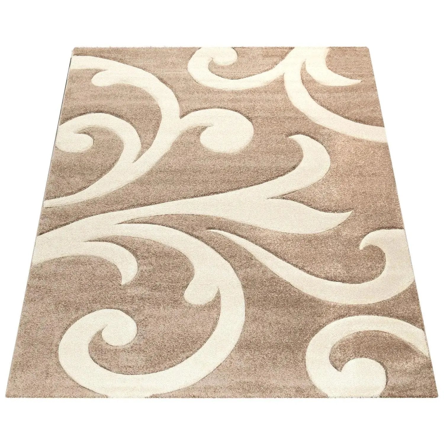 Beige and white decorative rug with intricate patterns on a white background