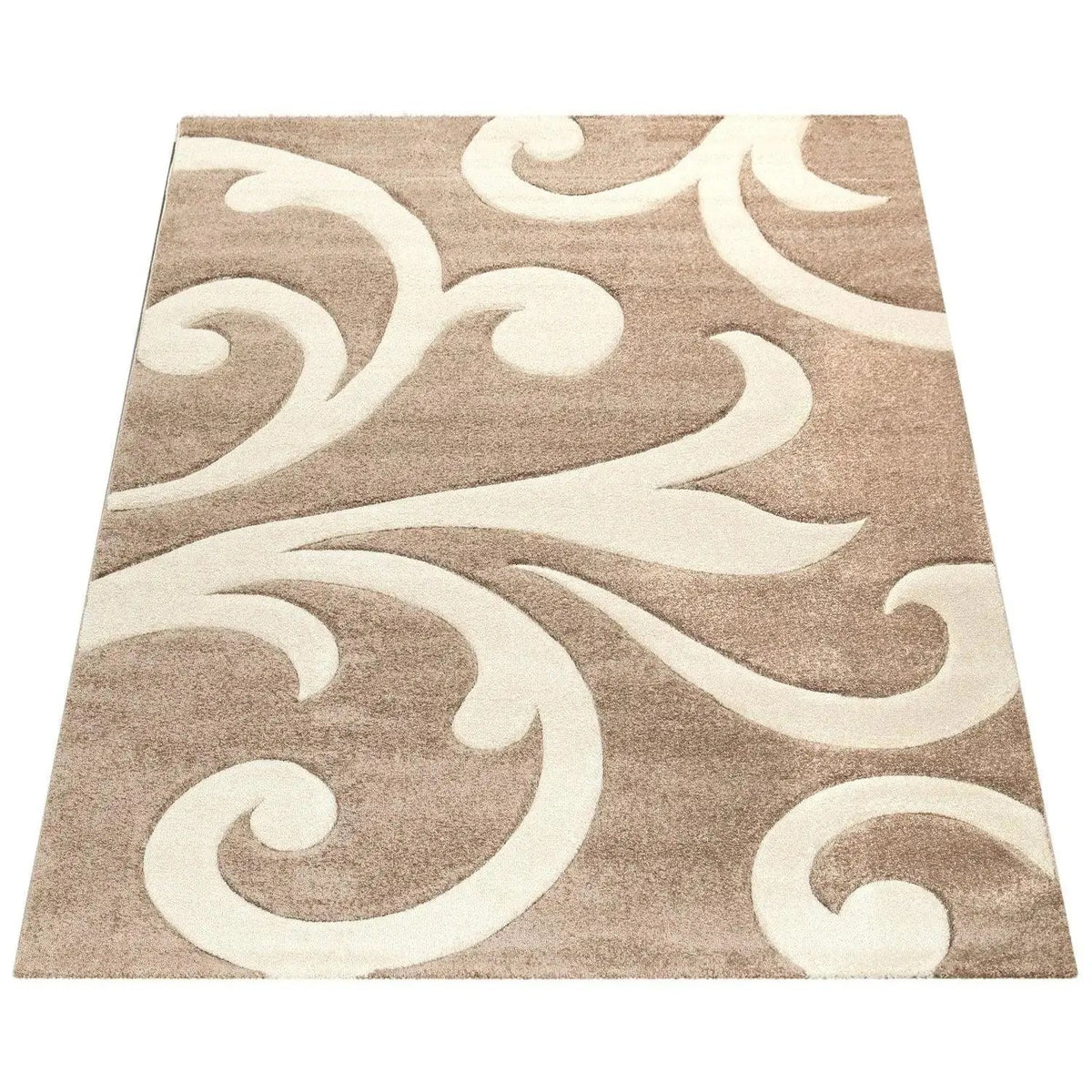 Beige and white decorative rug with intricate patterns on a white background