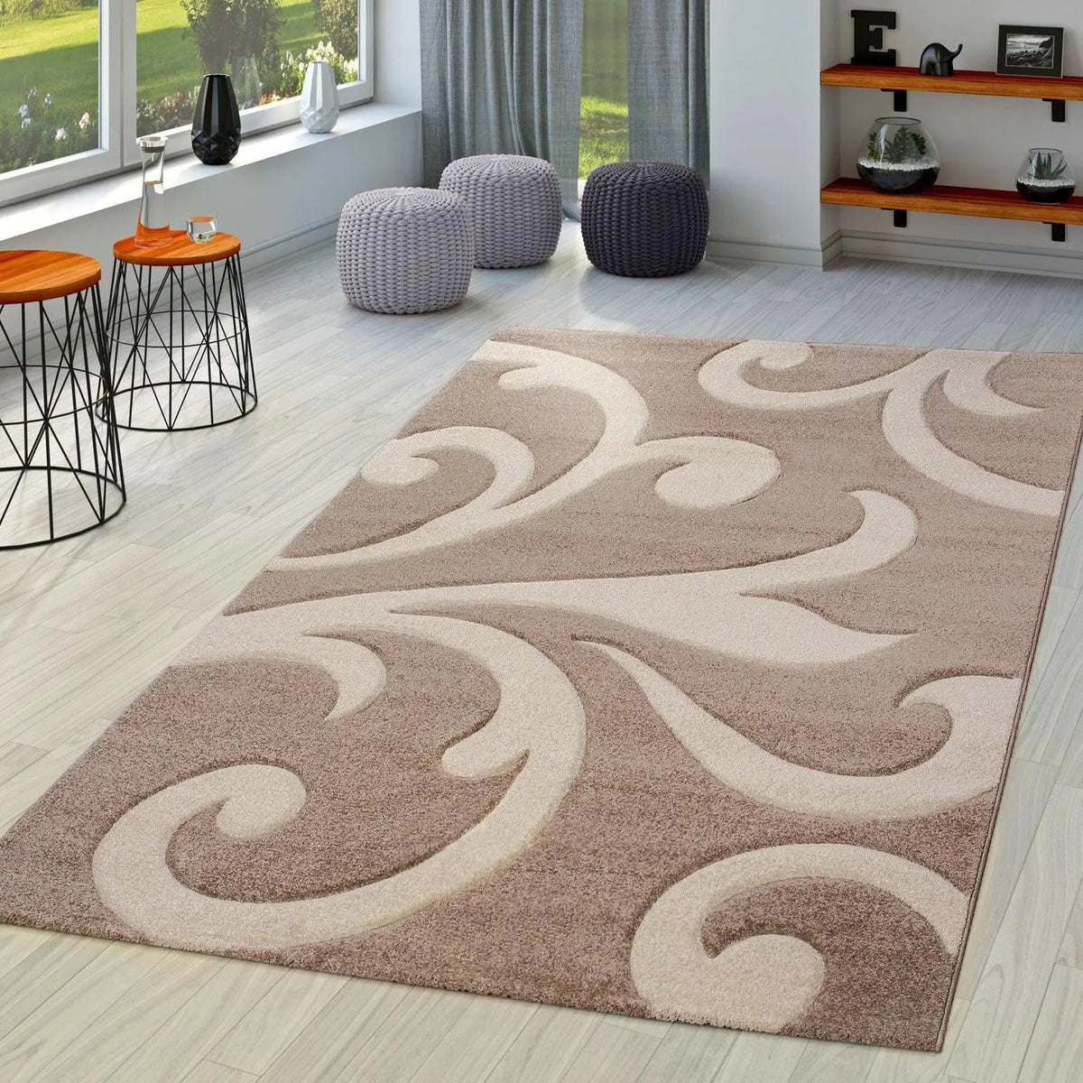 Decorative rug with intricate patterns in a room with furniture and decor.