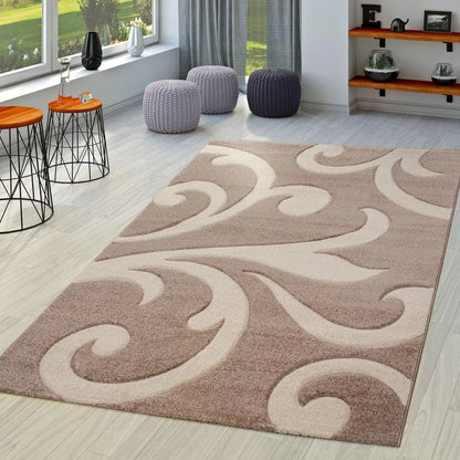 Decorative rug with intricate patterns in a room with furniture and decor.