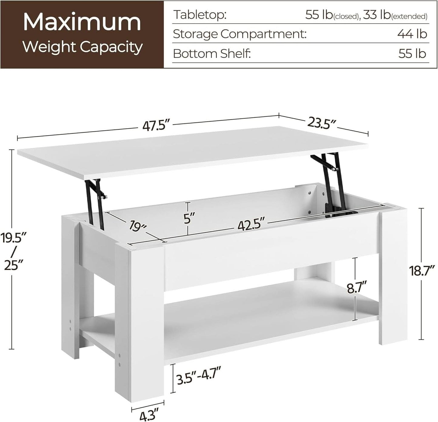 White lift-top table with dimensions and weight capacity details on a white background