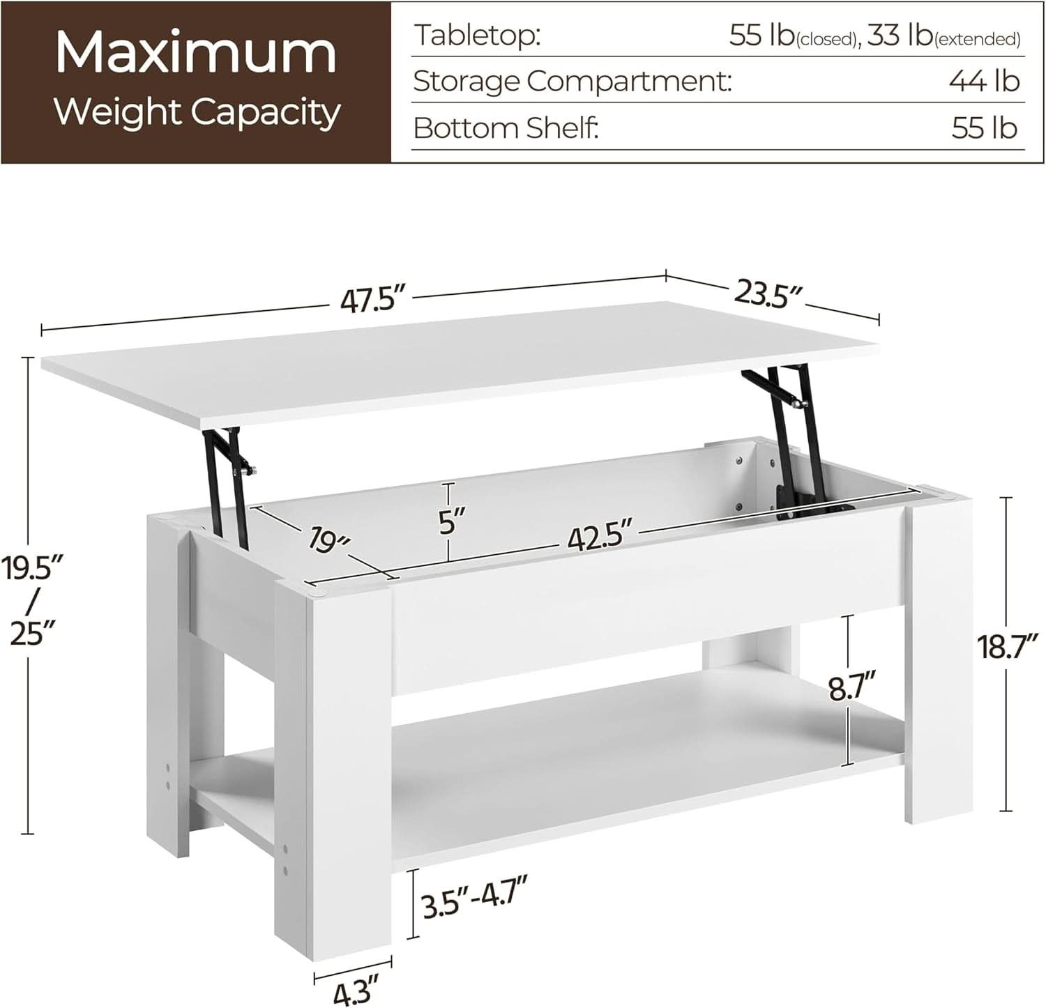 White lift-top table with dimensions and weight capacity details on a white background