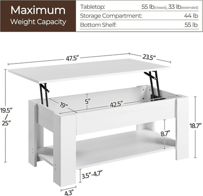 White lift-top table with dimensions and weight capacity details on a white background