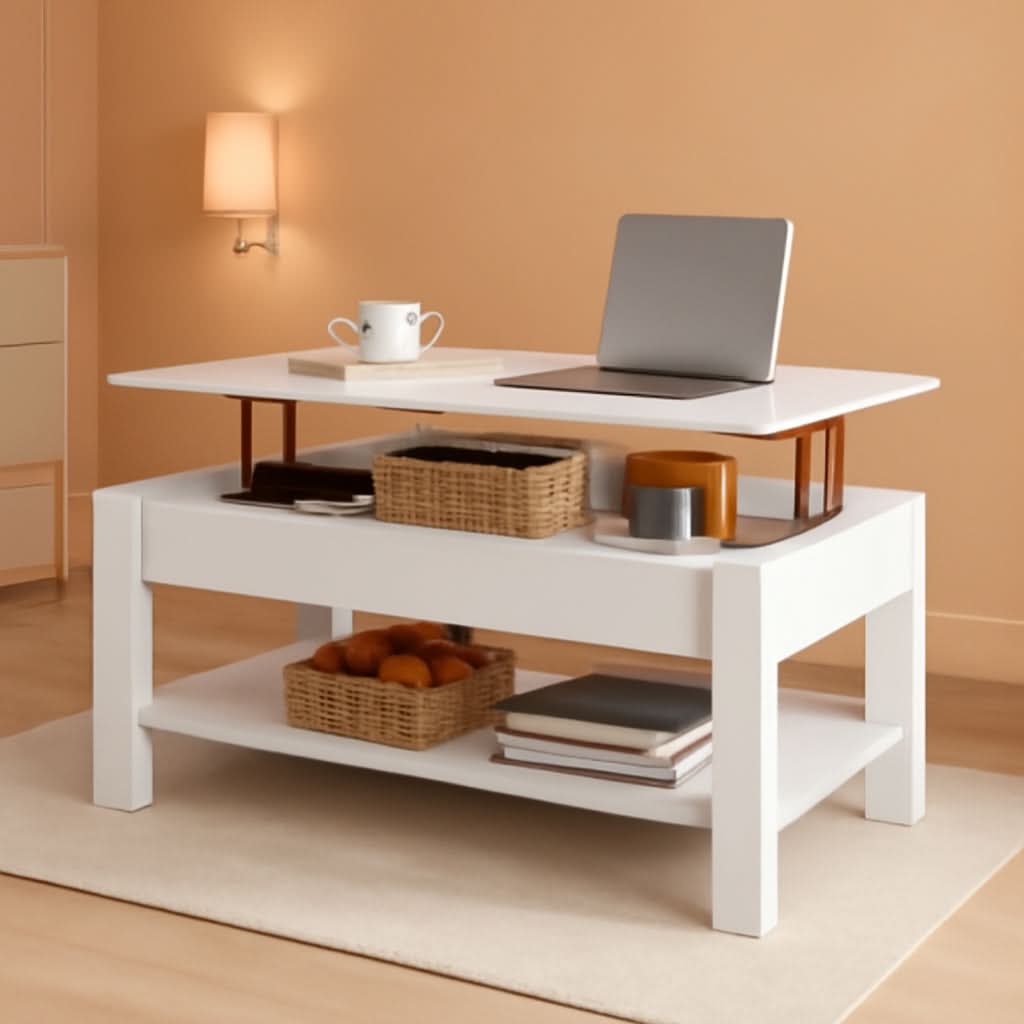 White desk with laptop, mug, and books in a room with a lamp and basket.