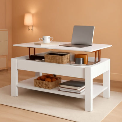 White desk with laptop, mug, and books in a room with a lamp and basket.