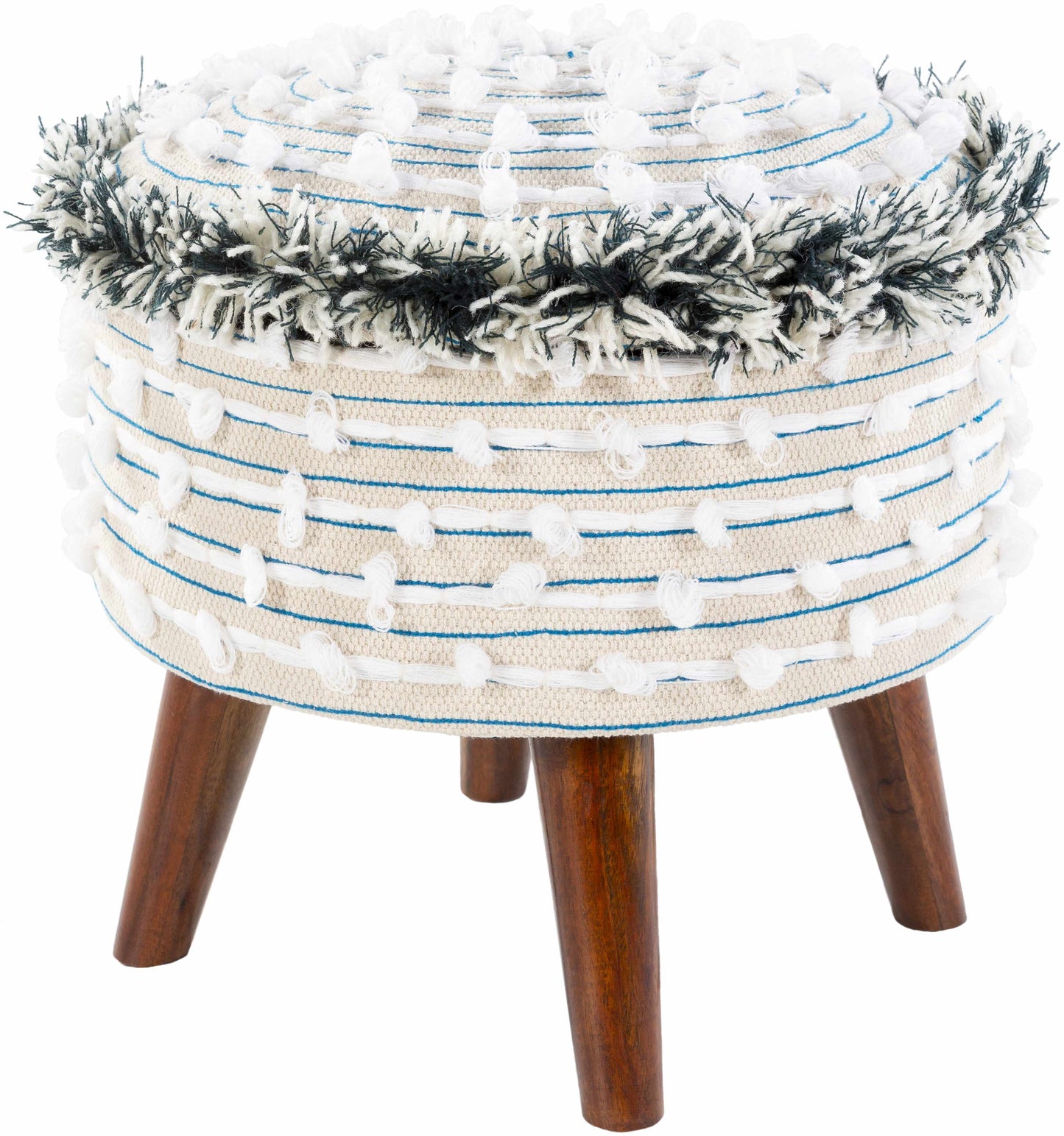 Round stool with woven top and wooden legs on a white background