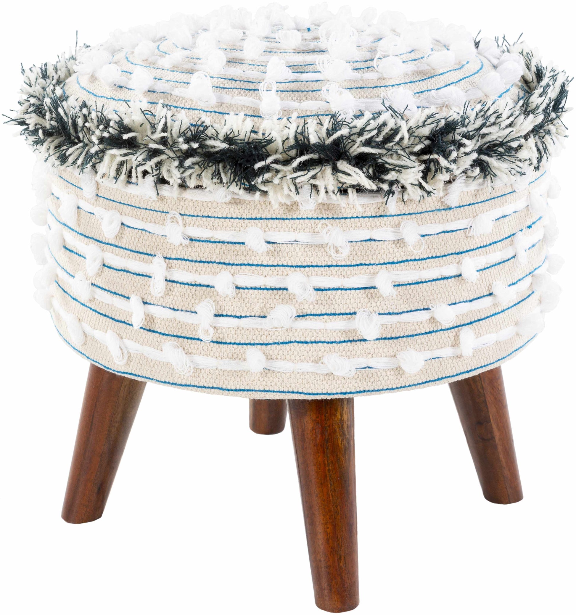 Round stool with woven top and wooden legs on a white background