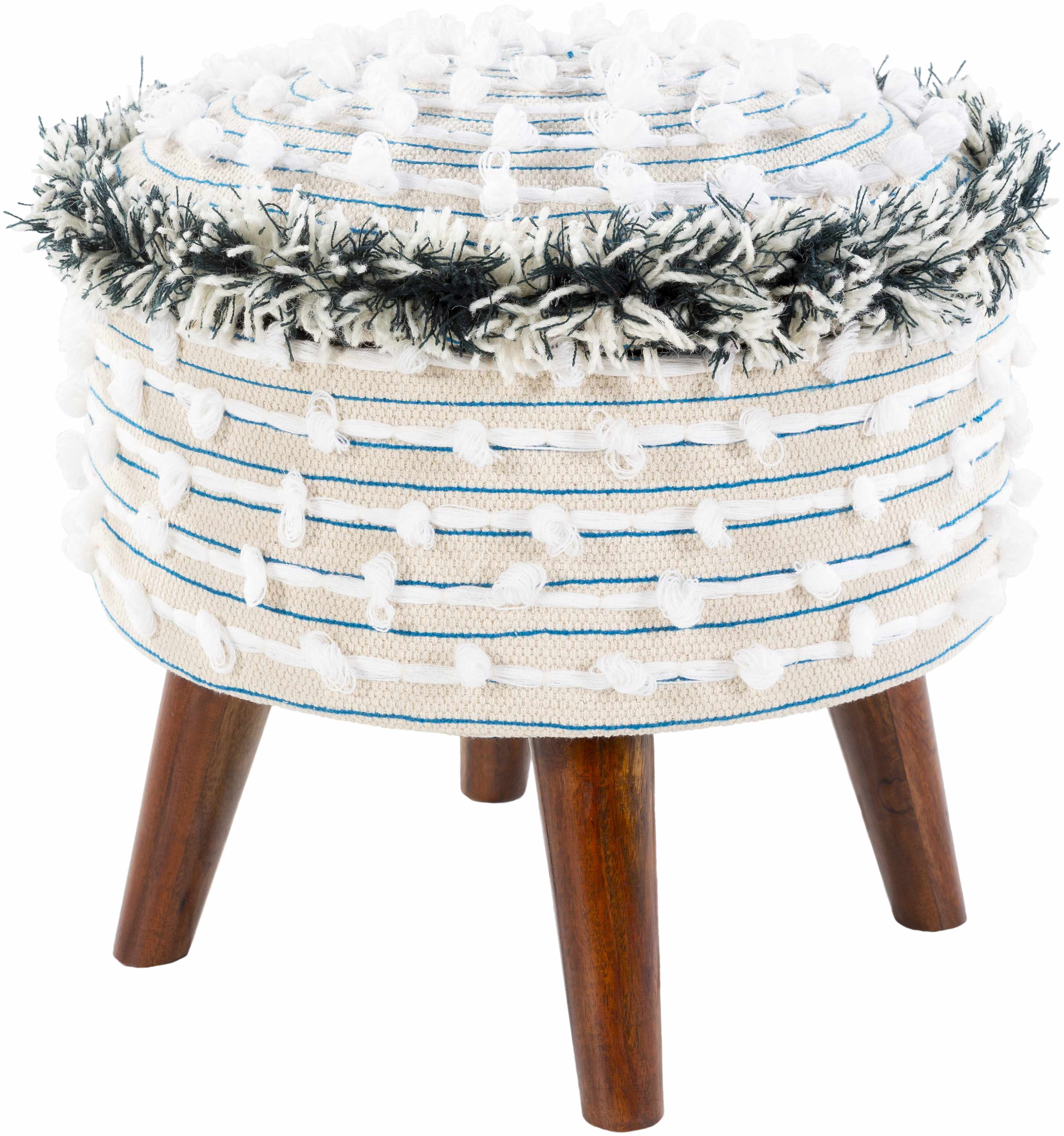 Round stool with woven top and wooden legs on a white background