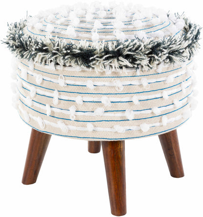 Round stool with woven top and wooden legs on a white background