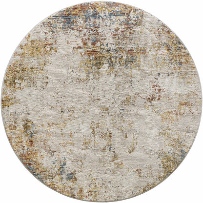 Round area rug with a textured pattern on a white background