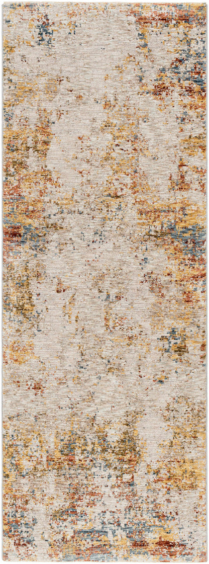 Multicolored textured area rug with a pattern of earthy tones.