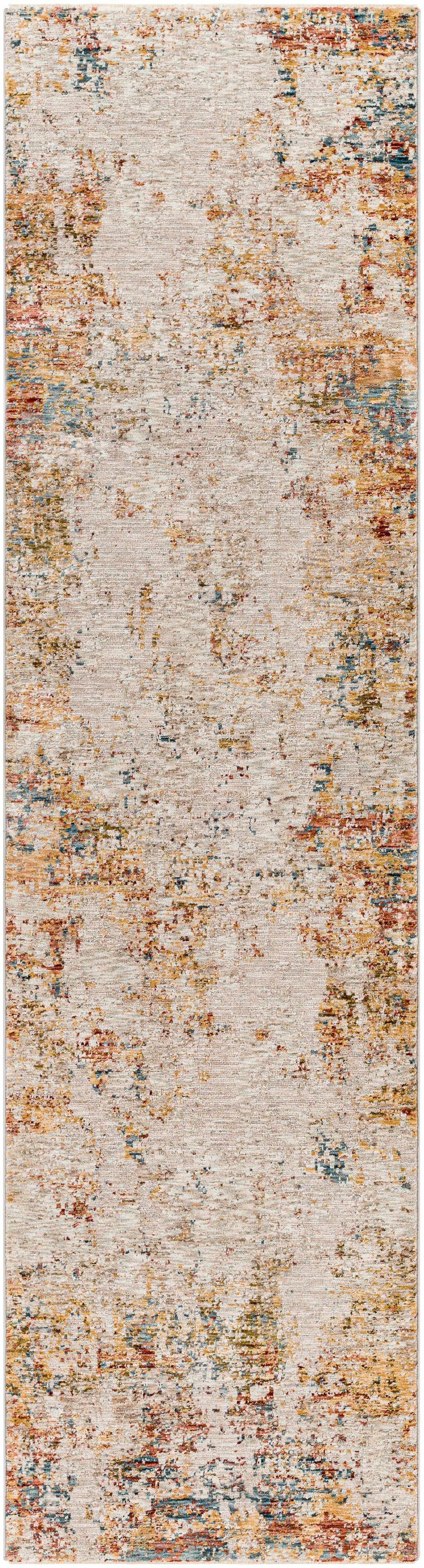 Long, narrow rug with a textured pattern in neutral colors