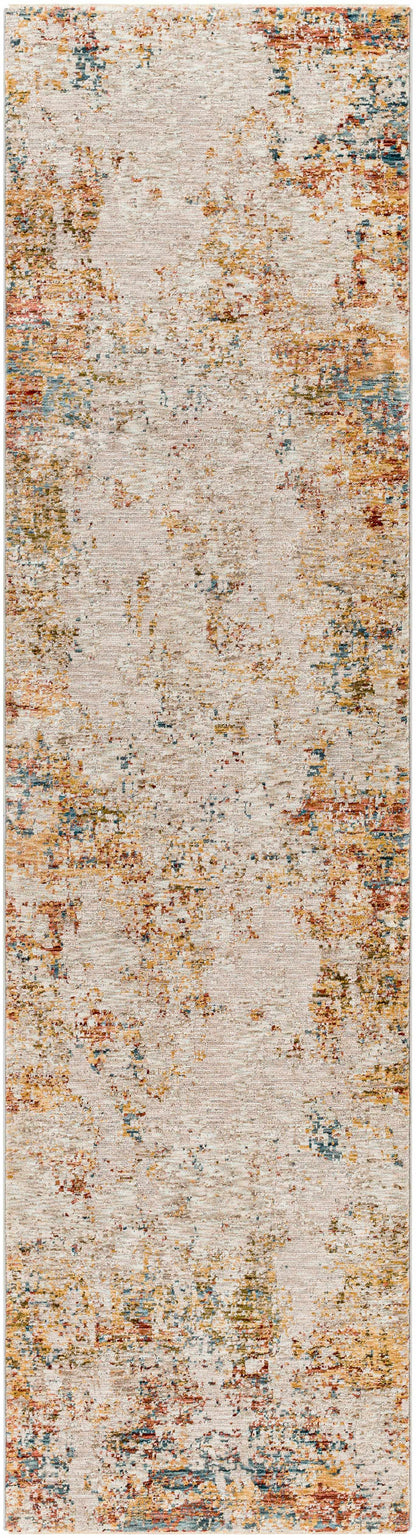 Long, narrow rug with a textured pattern in neutral colors