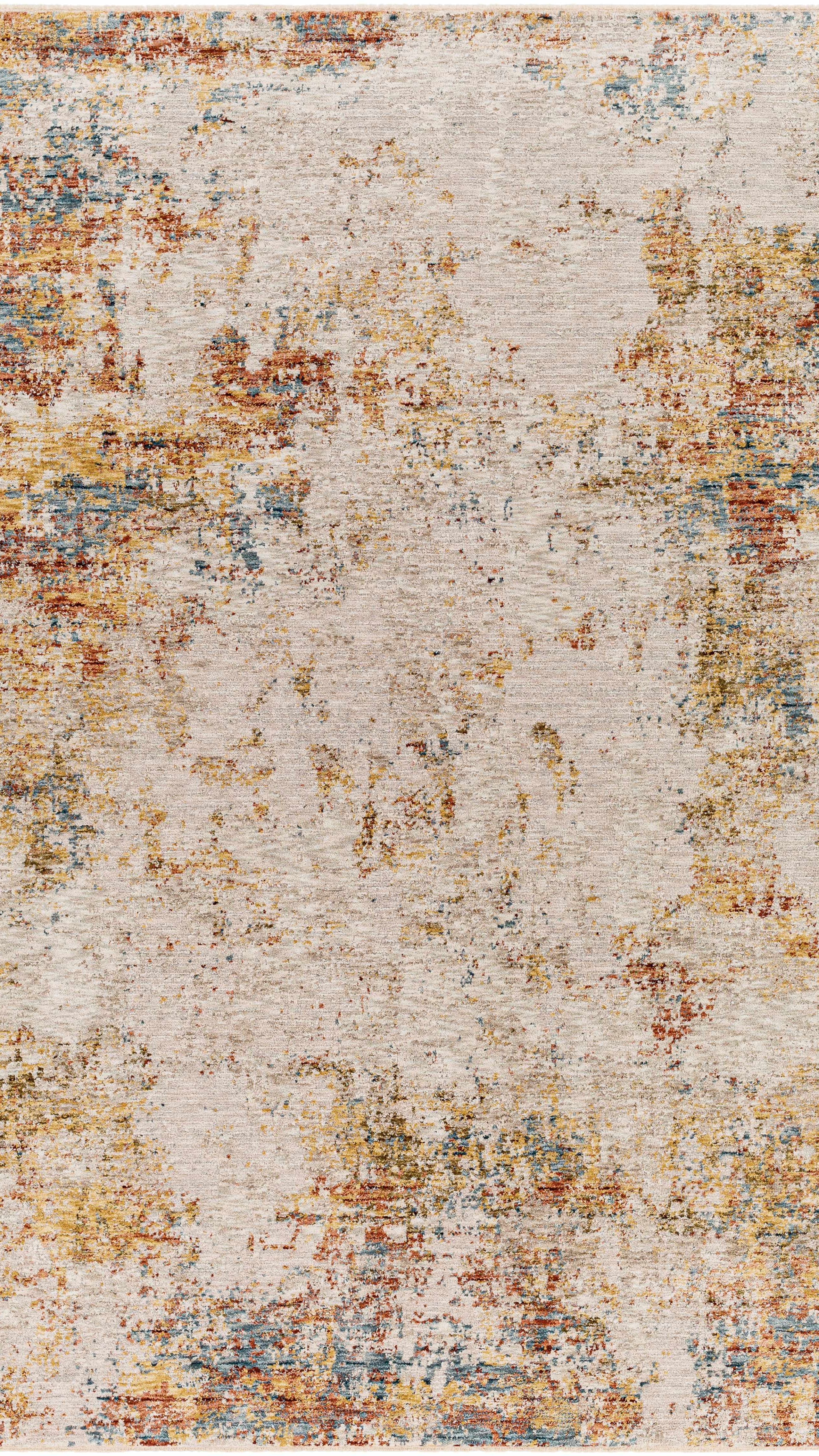 Multicolored textured area rug with a mix of earthy tones on a plain background