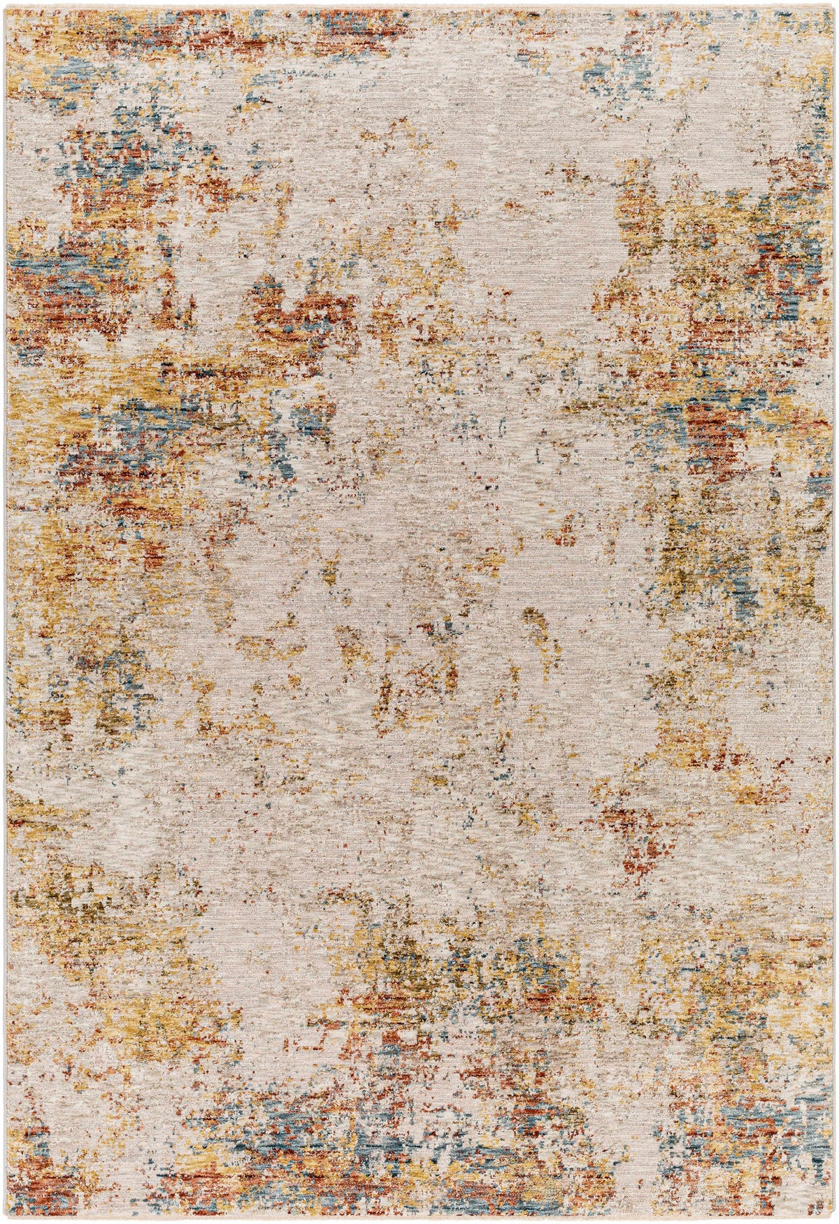 Multicolored textured area rug with a mix of earthy tones on a plain background