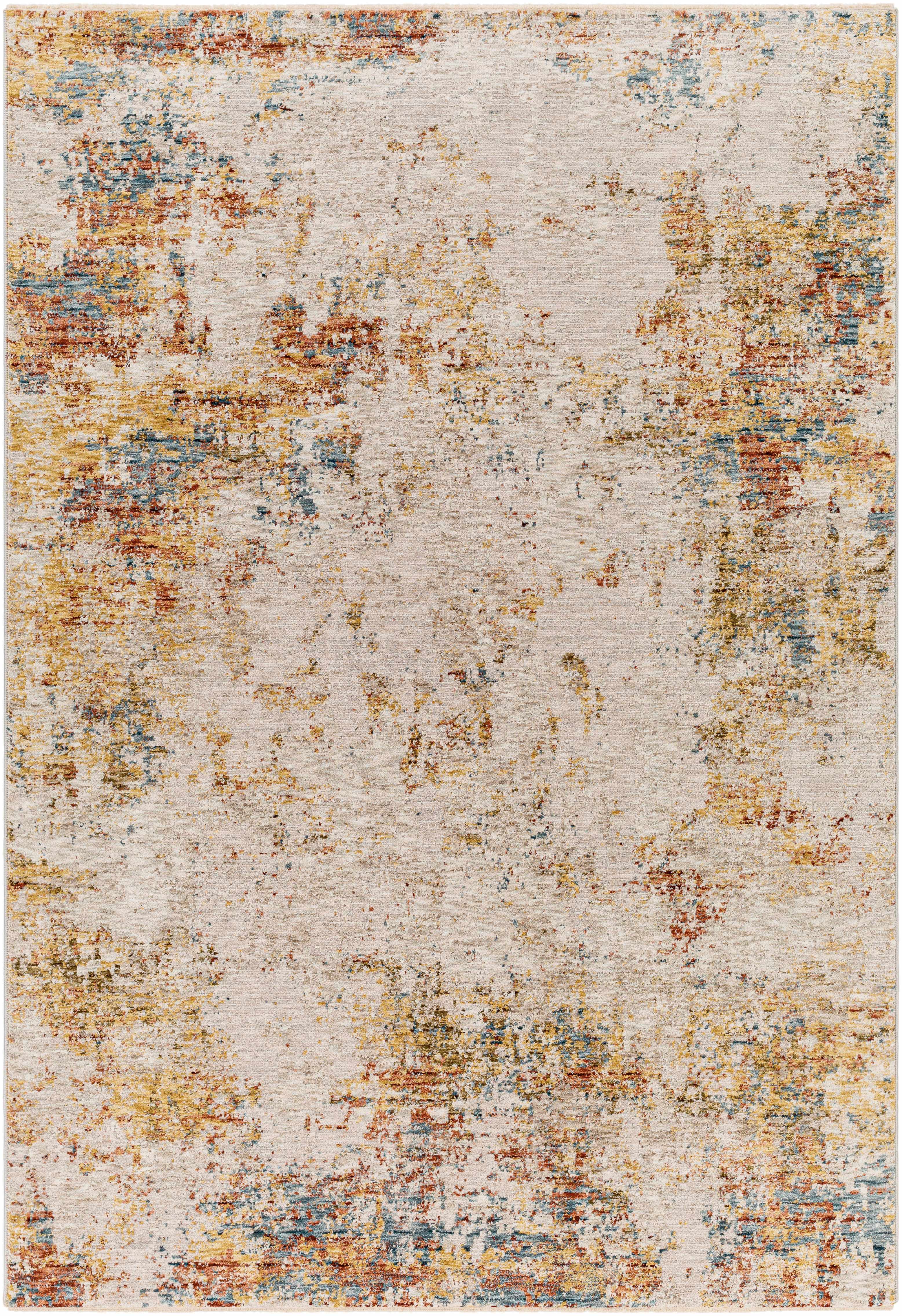 Multicolored textured area rug with a mix of earthy tones on a plain background