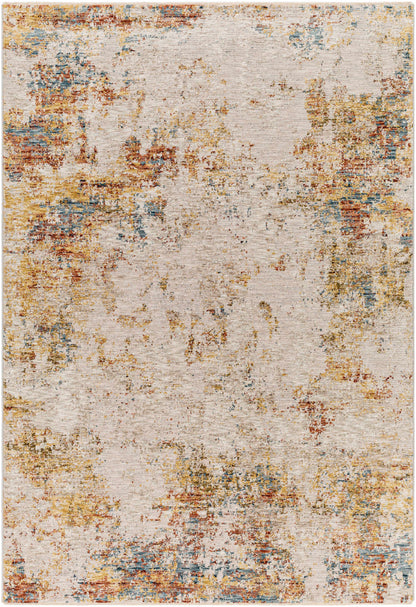 Multicolored textured area rug with a mix of earthy tones on a plain background