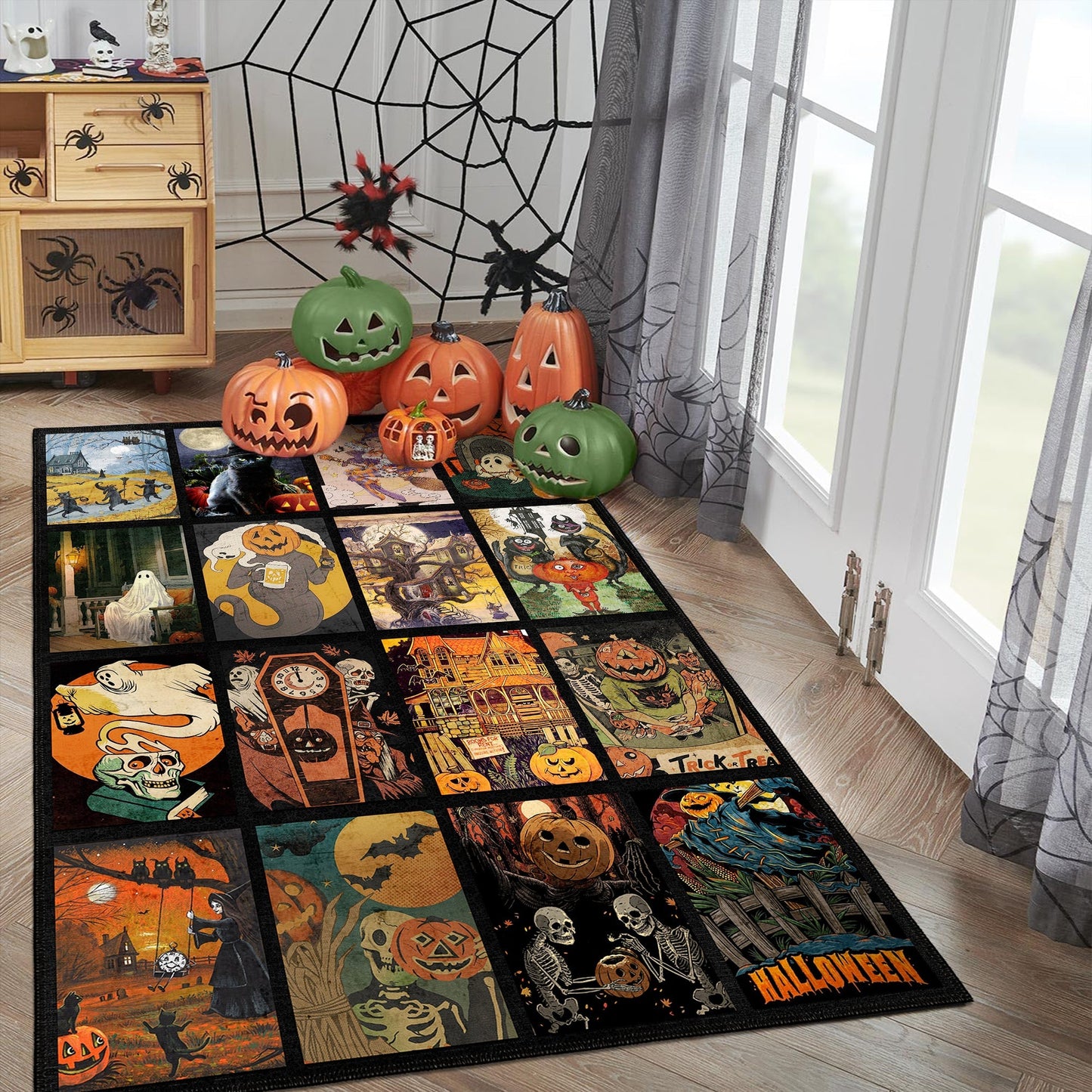Halloween-themed rug with pumpkins and ghosts on a wooden floor.