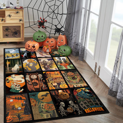 Halloween-themed rug with pumpkins and ghosts on a wooden floor.