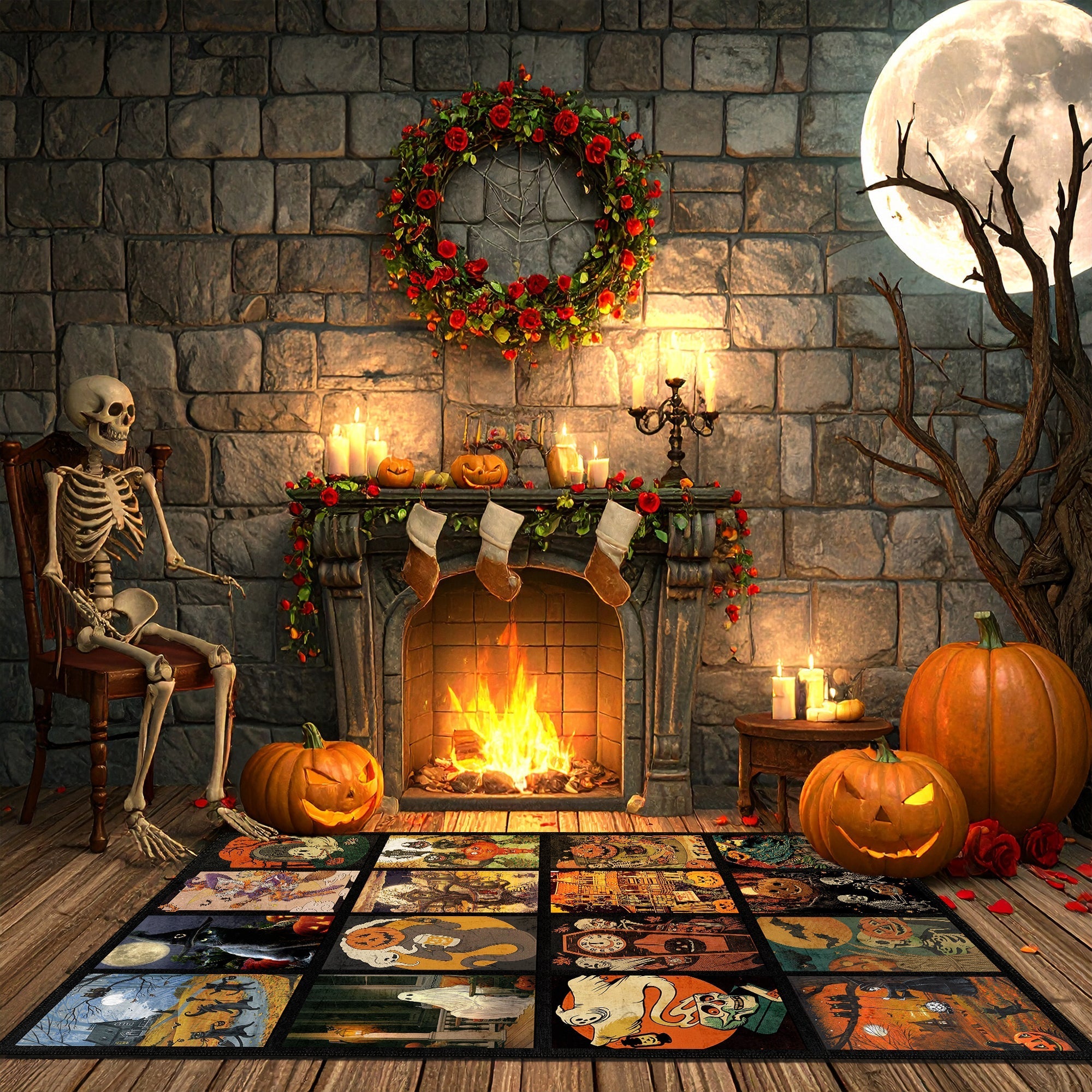 Halloween-themed room with a skeleton, fireplace, pumpkins, and decorative wreath.