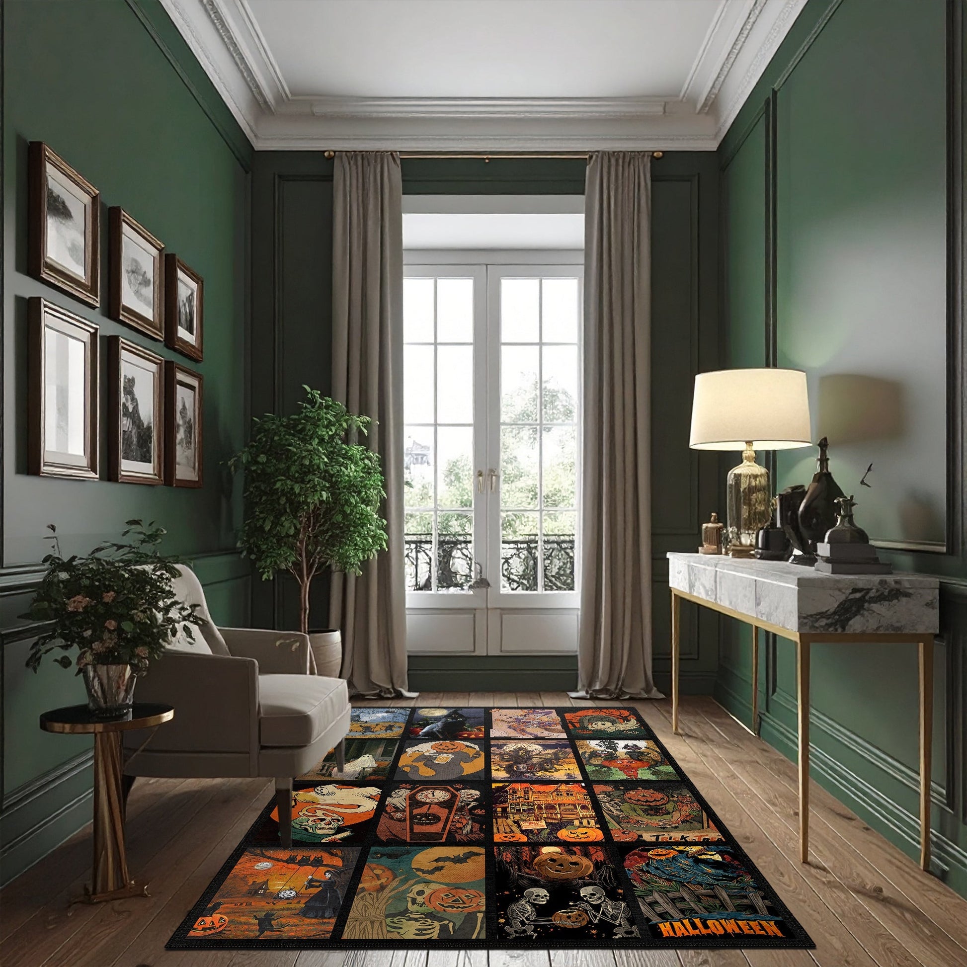 Living room with green walls, a large window, and a decorative rug with Halloween-themed designs.