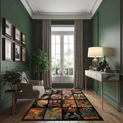 Living room with green walls, a large window, and a decorative rug with Halloween-themed designs.