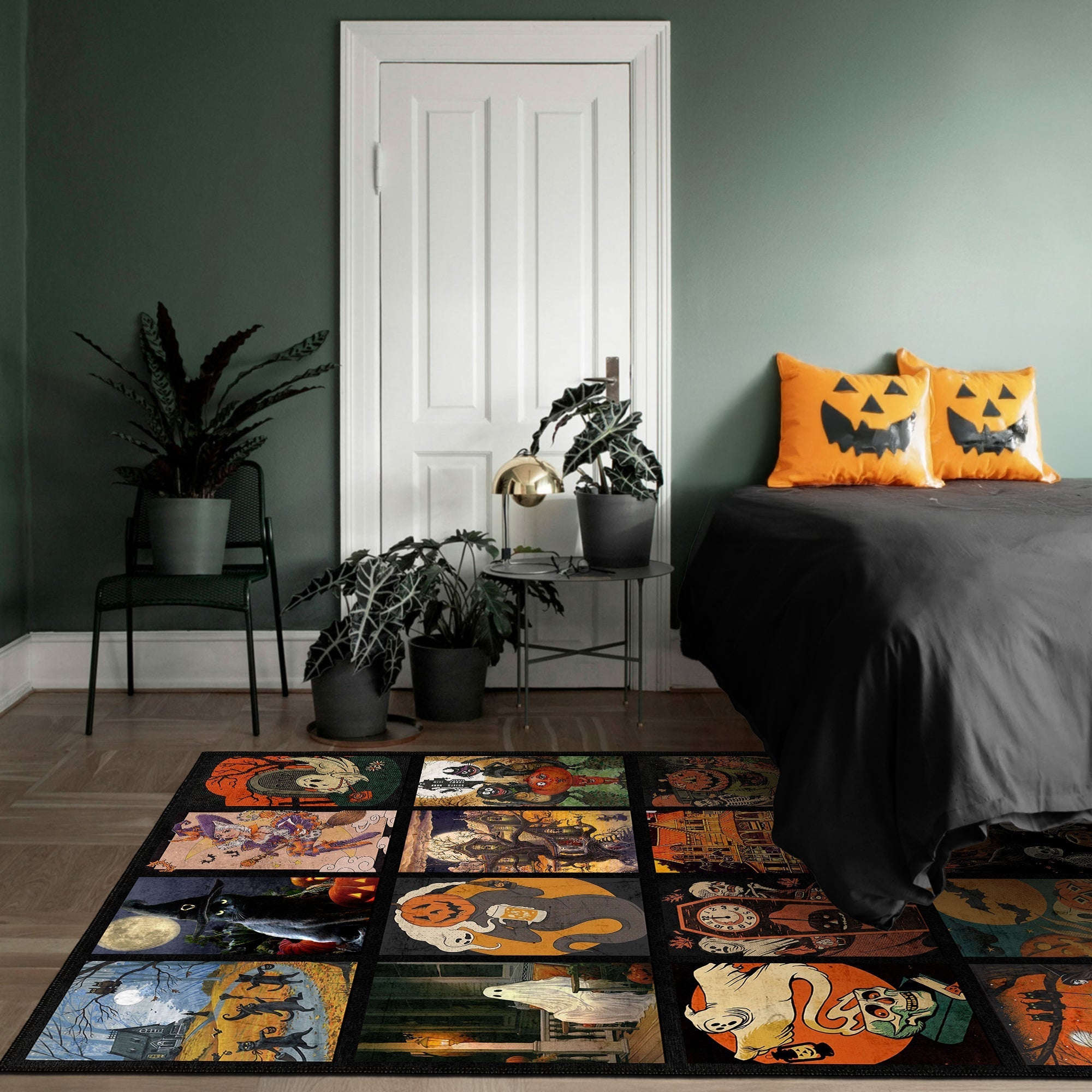 Bedroom with a decorative rug featuring Halloween-themed designs, pumpkins on the bed, and potted plants.