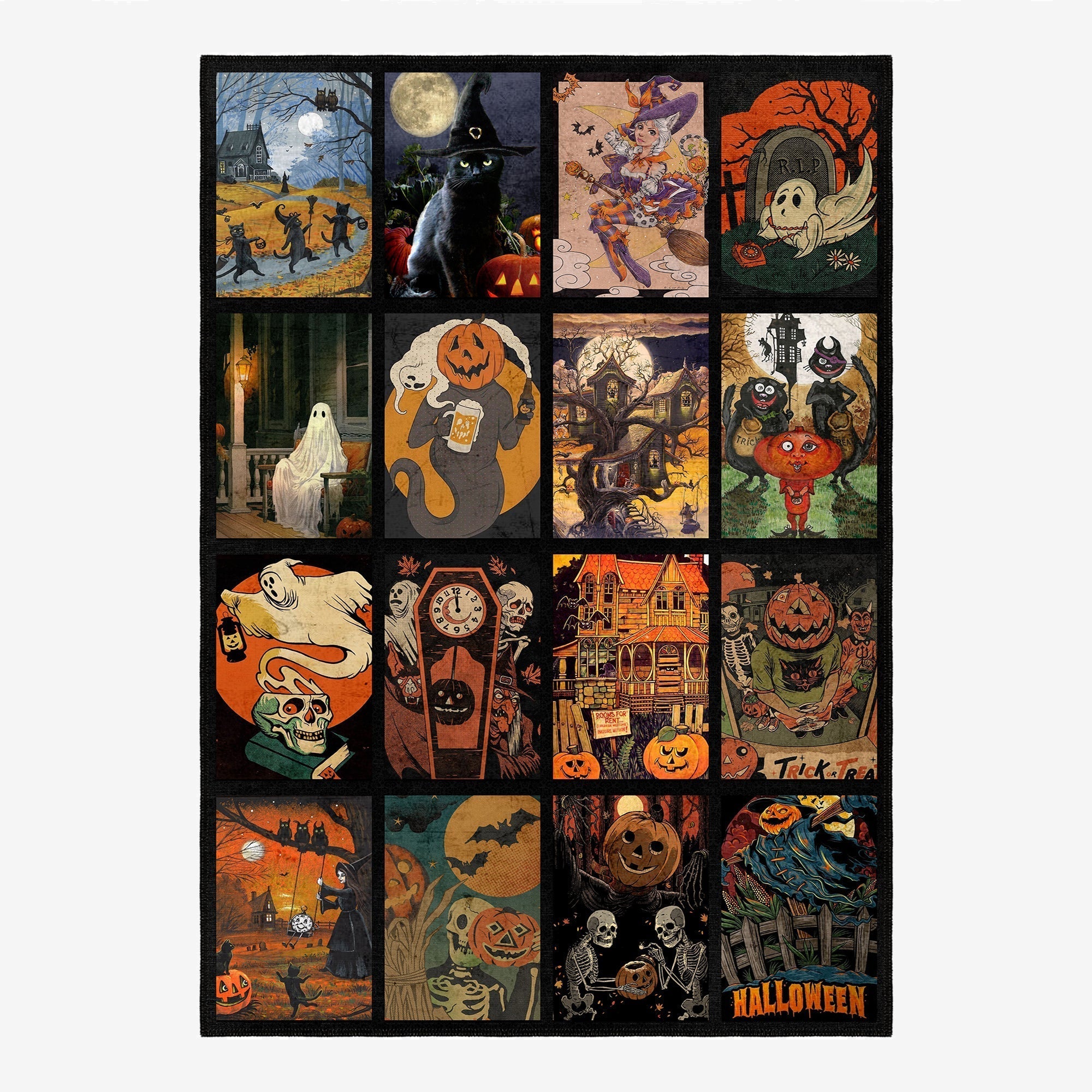 Collage of Halloween-themed illustrations with various characters and elements on a black border.