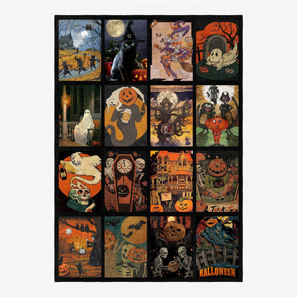 Collage of Halloween-themed illustrations with various characters and elements on a black border.