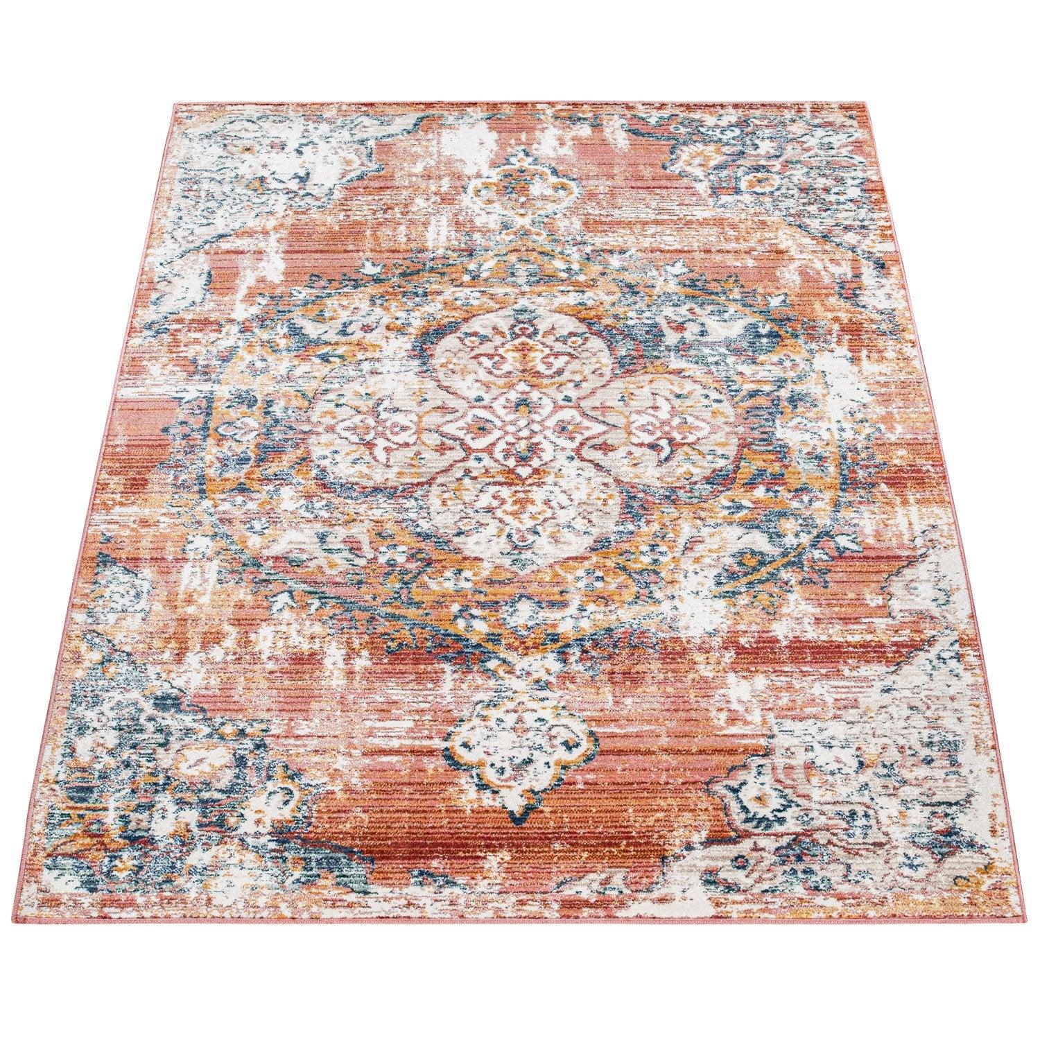 Modern Vintage Oriental Rug Abstract Red Blue White Polyester Cotton Backing-0
