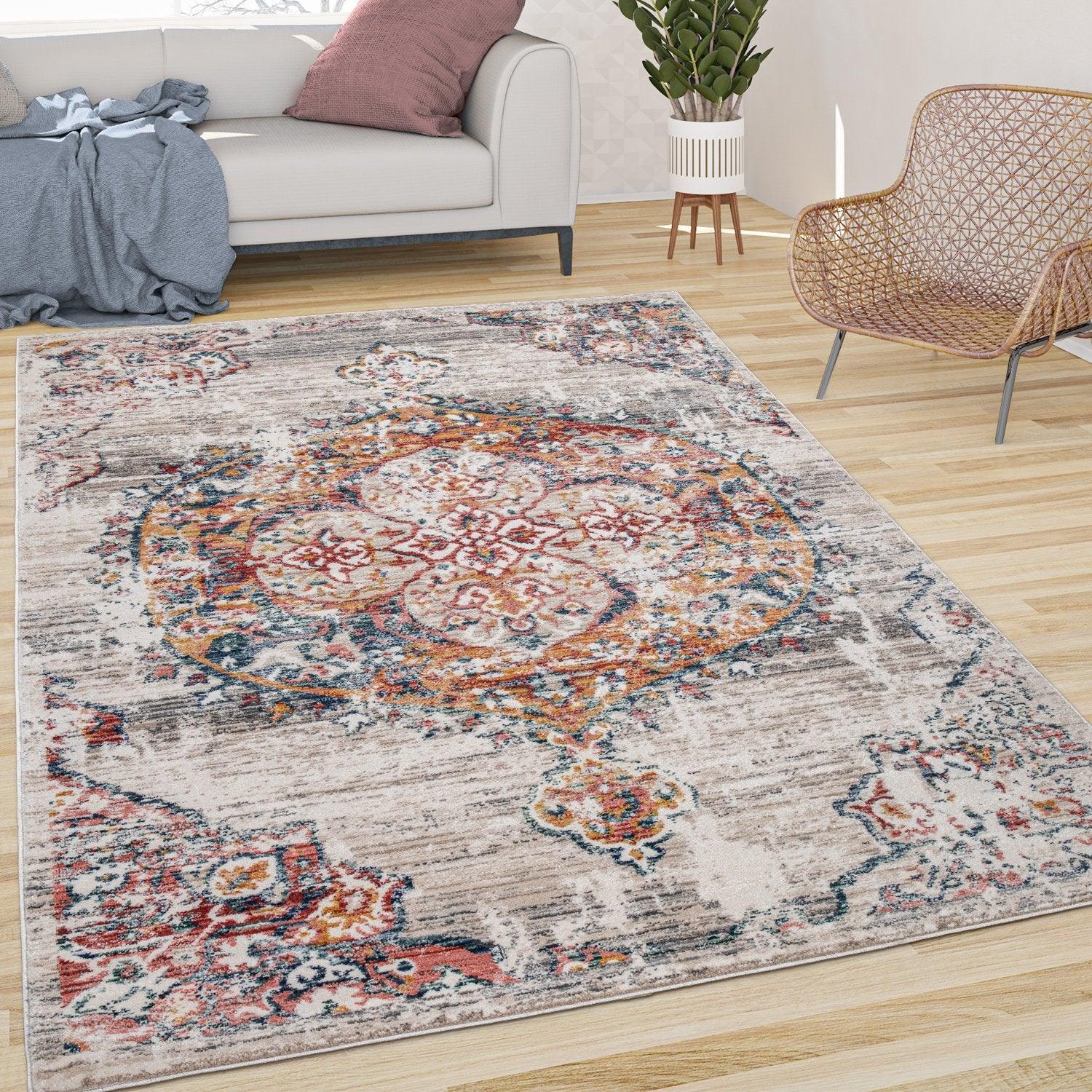 Decorative area rug with intricate patterns in a living room setting.