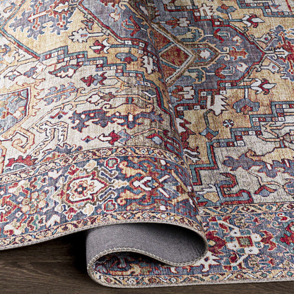 Close-up of a patterned rug with intricate designs on a wooden floor.