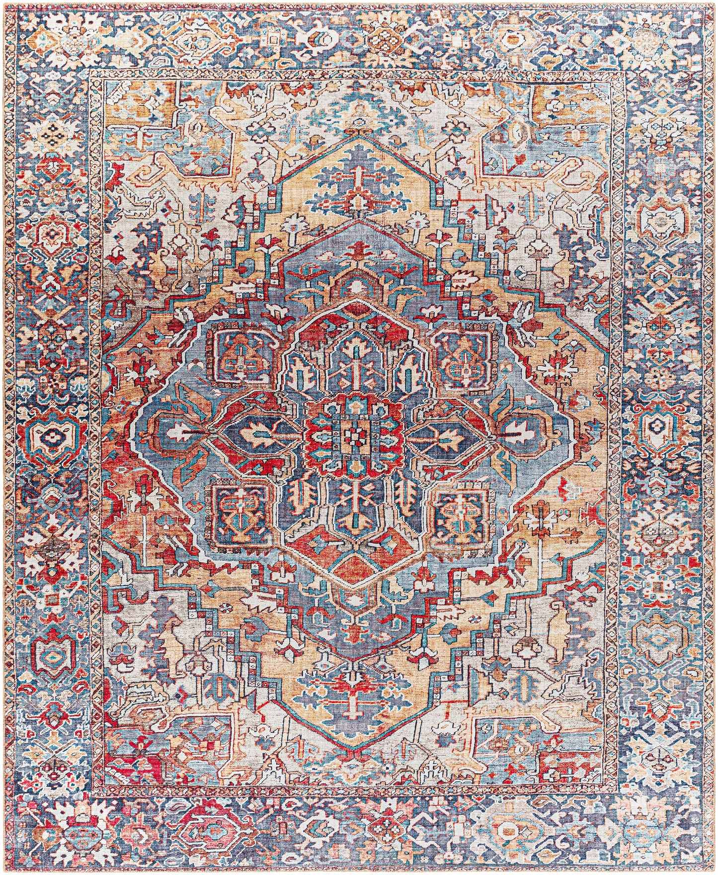 Decorative rug with intricate patterns in red, blue, and beige colors.