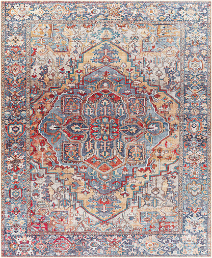 Decorative rug with intricate patterns in red, blue, and beige colors.