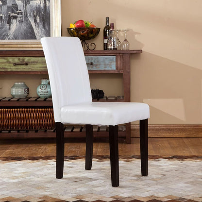 White chair with dark wood legs in a room with a wooden shelf and decor.