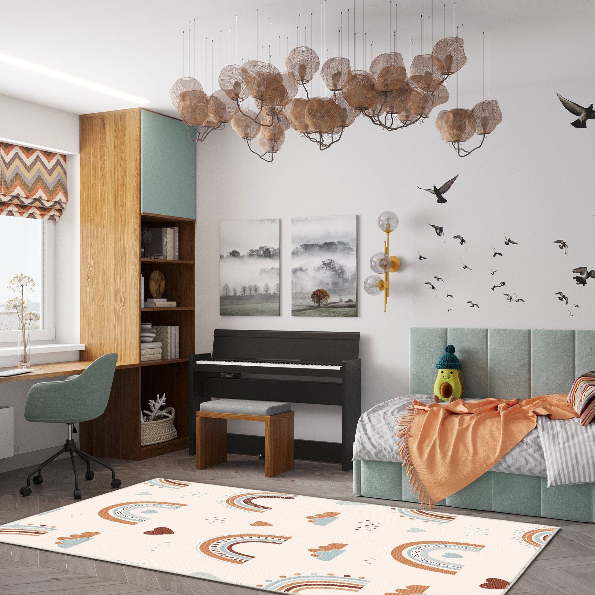 Modern bedroom with a bed, piano, and decorative elements.