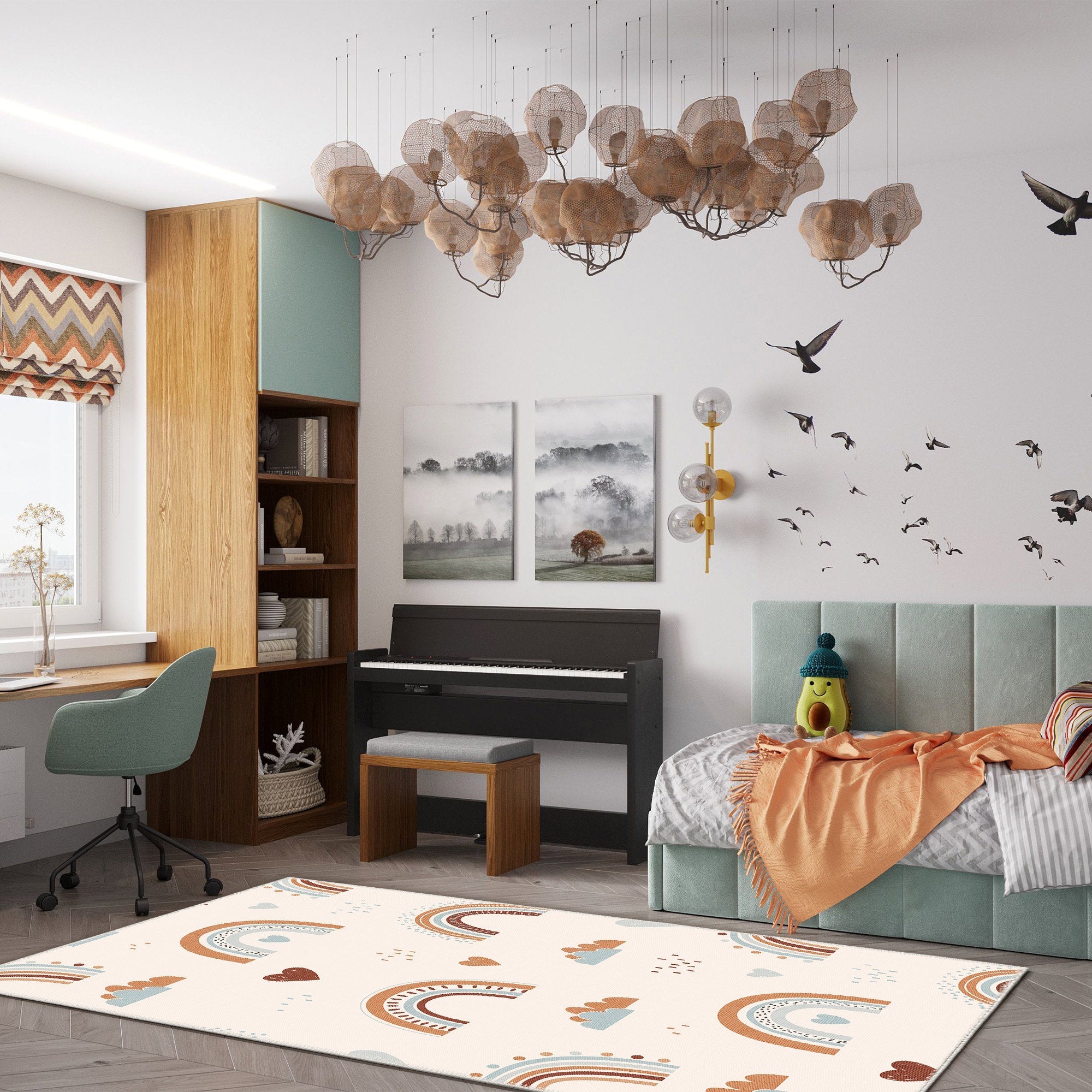 Modern bedroom with a bed, piano, and decorative elements.