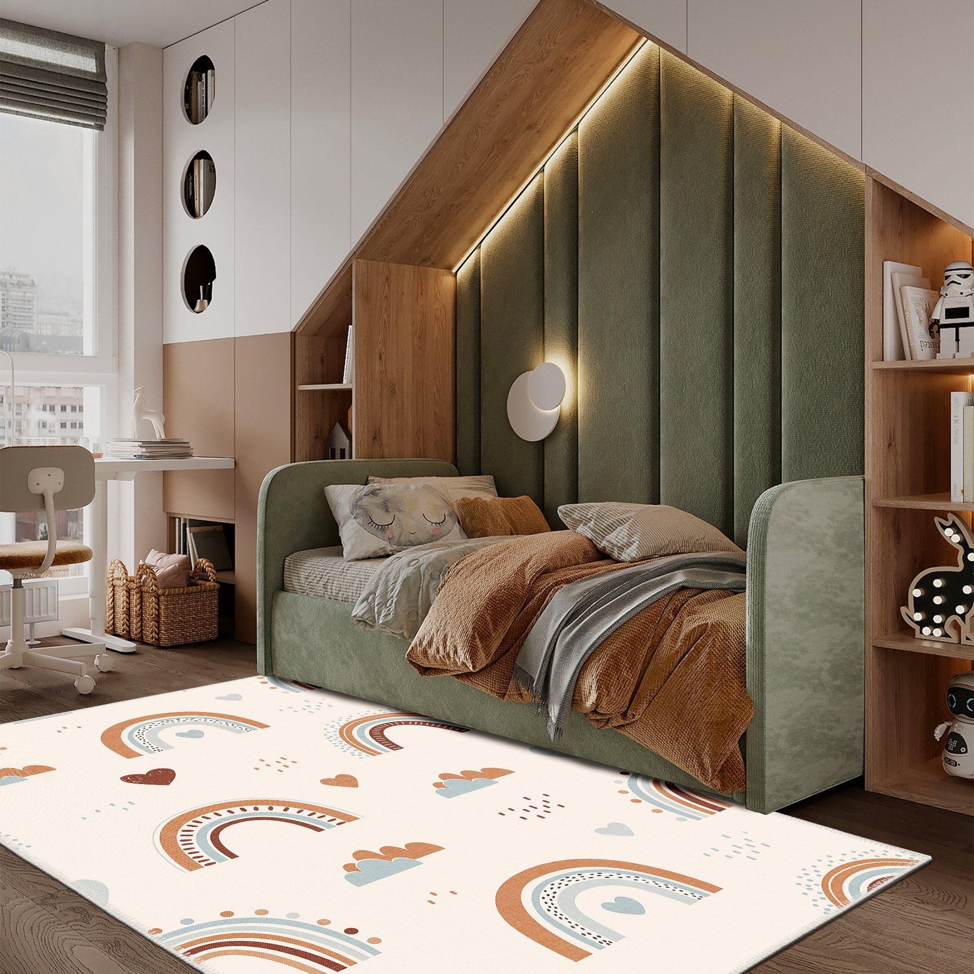 Modern bedroom with green upholstered bed, wooden shelves, and a colorful rug.