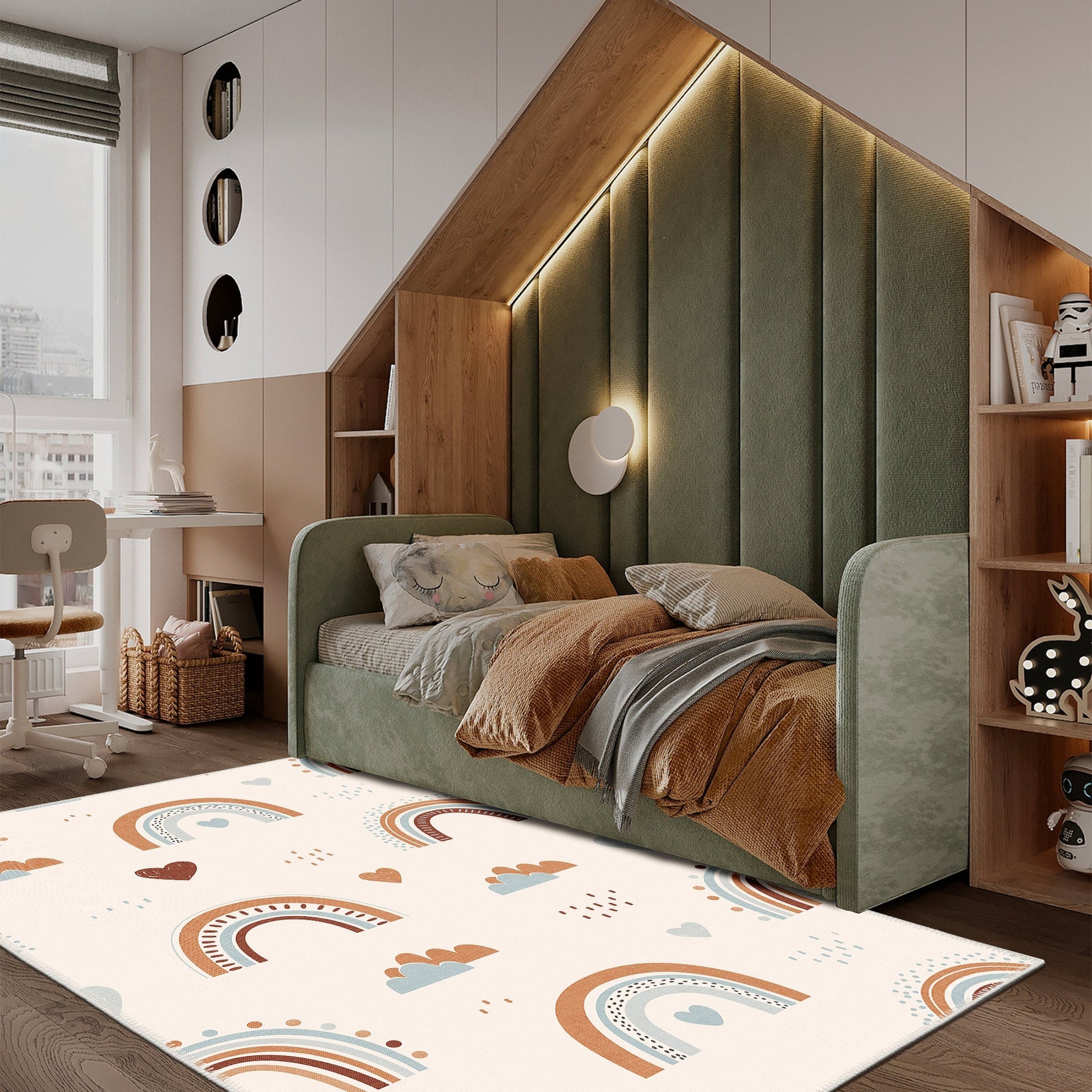 Modern bedroom with green upholstered bed, wooden shelves, and a colorful rug.
