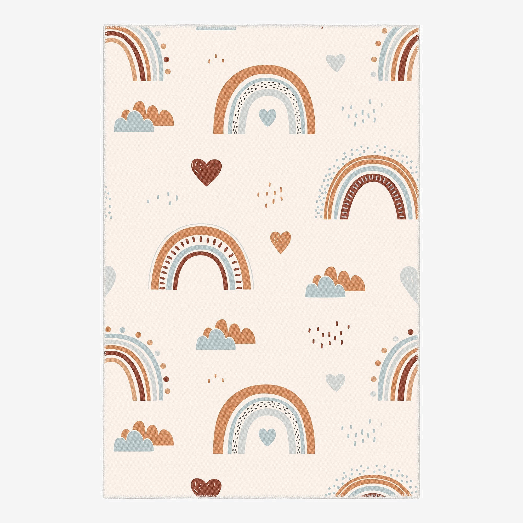 Patterned paper with rainbows, hearts, and clouds on a beige background