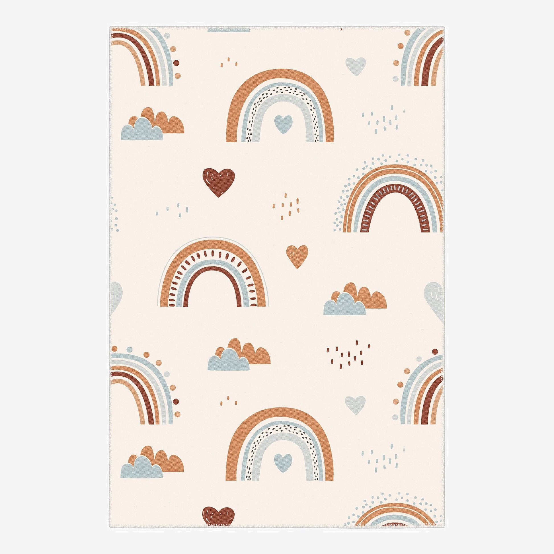 Patterned paper with rainbows, hearts, and clouds on a beige background