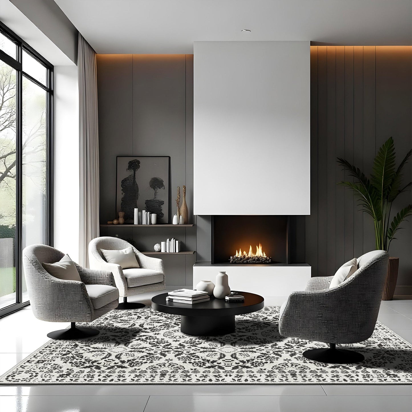 Modern living room with gray chairs, a coffee table, and a fireplace.