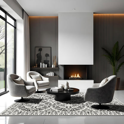 Modern living room with gray chairs, a coffee table, and a fireplace.