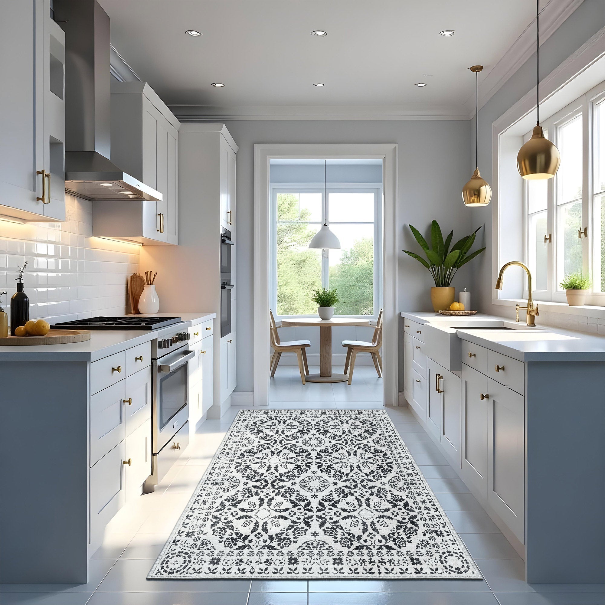 Modern kitchen with gray cabinets, white countertops, and a decorative rug on the floor.