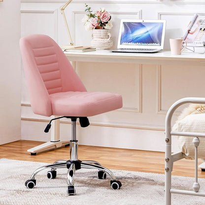 Pink PU Leather Armless Office Chair with Rolling Wheels Mid-Back Task Chair-1